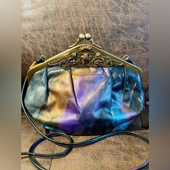 Vintage Handbags - Fancy Nancy Painted Leather Bag Purse Crossbody Purple Vintage 80s USA‎
